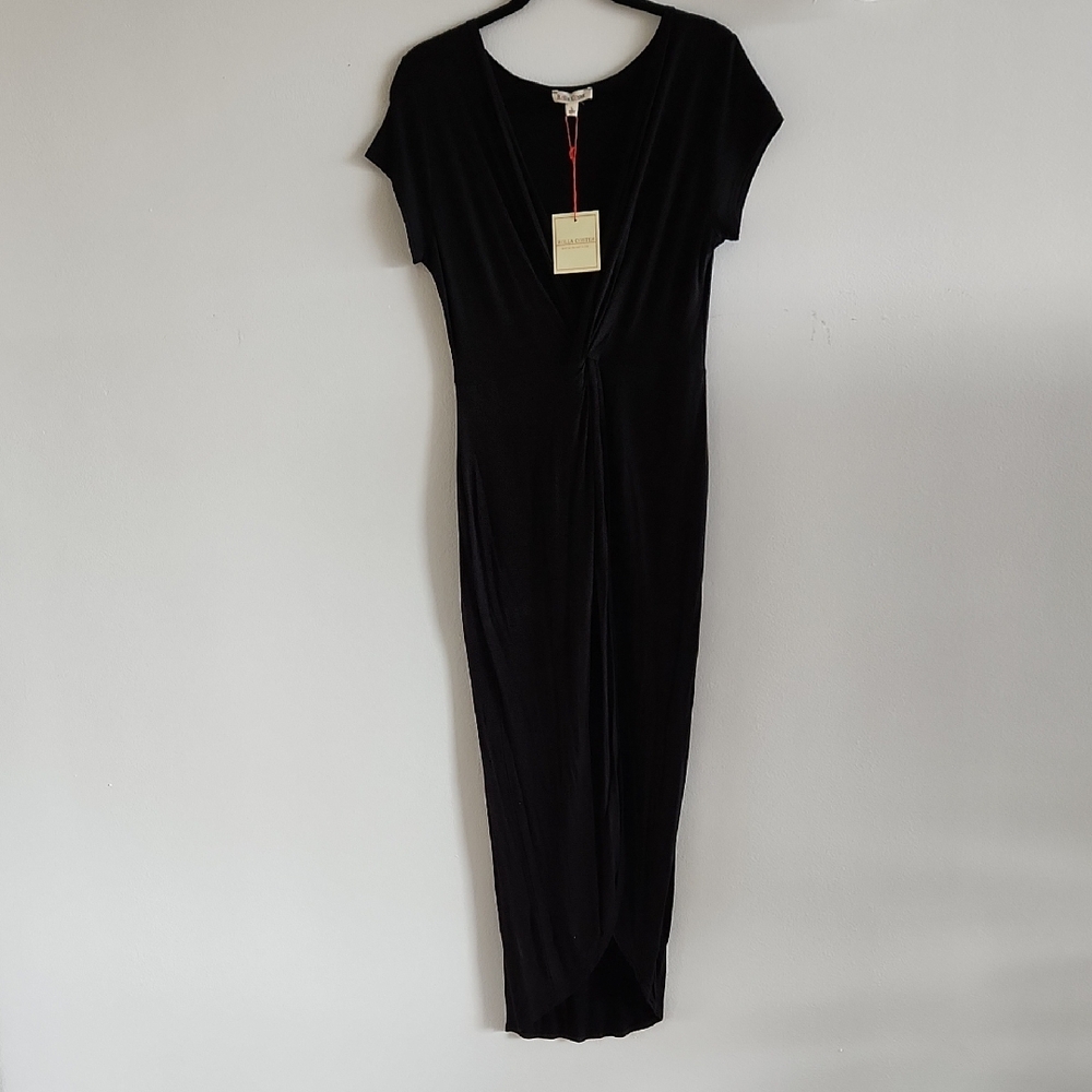 Rolla Coster Black Midi Sheath Dress with V-neck and Short Sleeves for Cocktail